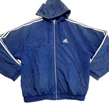 VINTAGE Adidas Windbreaker Jacket Mens L Blue Lined Big Puffer Logo Hooded