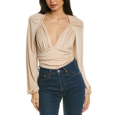 Free People NEW In Your Arms Shirred Bodysuit Taupe Plunge Neckline- Size Large