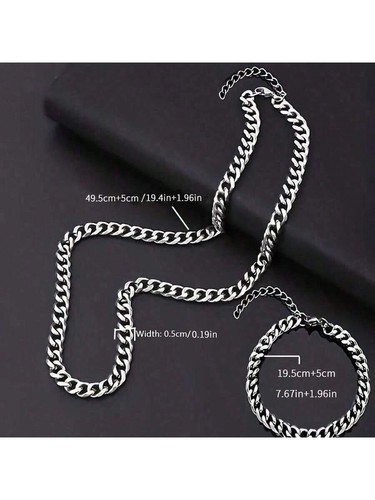 Silver Stainless Steel Chain Necklace And Bracelet Set One Size