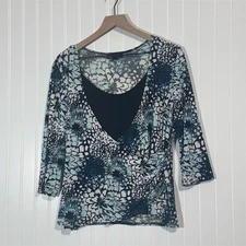 Y2K I.N Studio Floral Wrap Blouse Top L Blue Black Officecore Retro Workwear USA