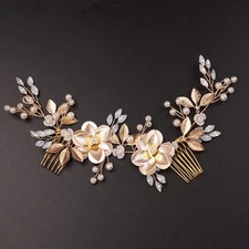 Hair Comb Wedding Gold Rhinestones Flower Leaf Crystal Pearls Hair Comb Brida...