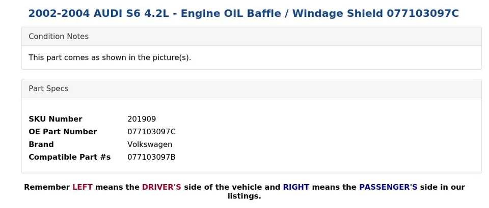 AUDI S6 2002-2004 4,2 L - Deflector de aceite del motor/escudo contra el viento 077103097C Foto 3 de 4