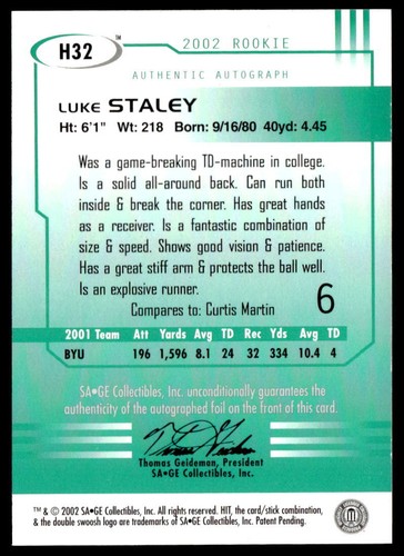 2002 SAGE HIT #H32 Luke Staley Autographs Emerald BYU Cougars - 第 2/2 張圖片