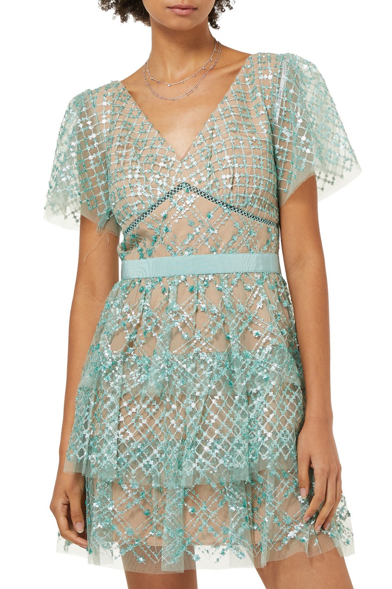 self portrait beaded sequin v neck mini dress Self Portrait White Beaded Sequin Bandeau Mini Dress