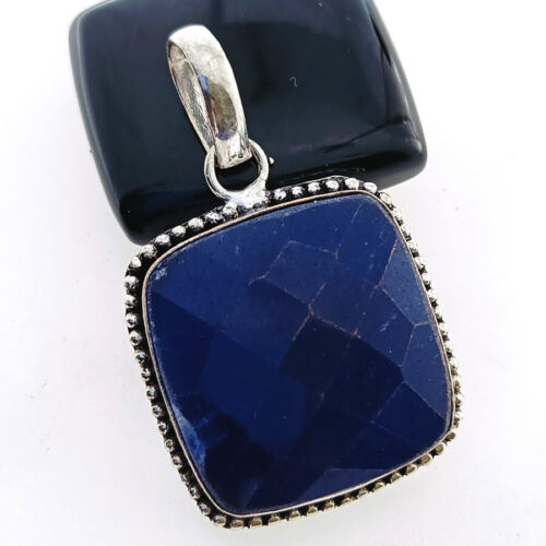 925 Silver Plated Simulated Blue Sapphire Ethnic Pendant Jewelry Size 1.5" GW