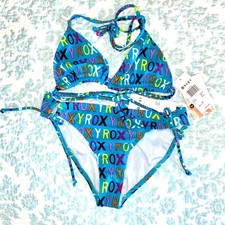 Roxy Girl NWT Tiki triangle top logo bikini swimsuit blue size 14