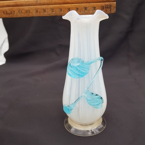 White Opalescent over clear Glass Vase with applied blue foliage ruffled top - Picture 12 of 15