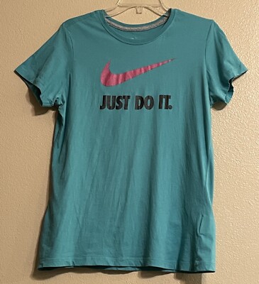 Nike Women Top XL Aqua Blue T-Shirt Pink Logo Swoosh Just Do It