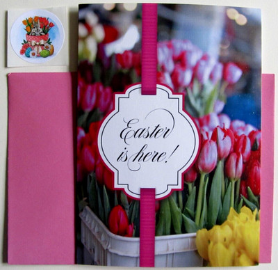 One Current Religious Easter Greeting Card, Env. & Seal - Pretty Colorful Tulips