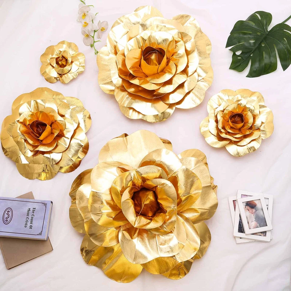 4 piezas 20" Oro Artificial Grandes Rosas Flores Pared Telón de Fondo Fiesta Boda Foto 3 de 4