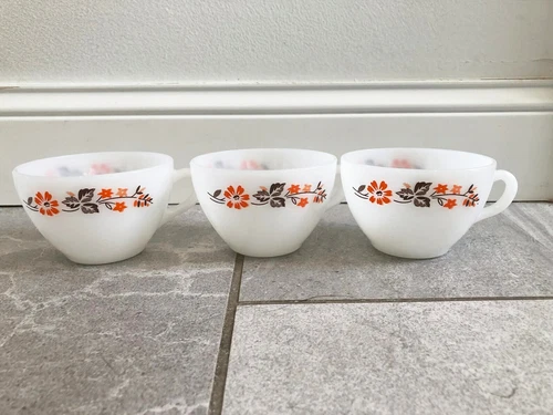 Vintage Termocrisa Coffee/Tea Cups Orange Flowers Brown Stems & Leaves,Set of 3 