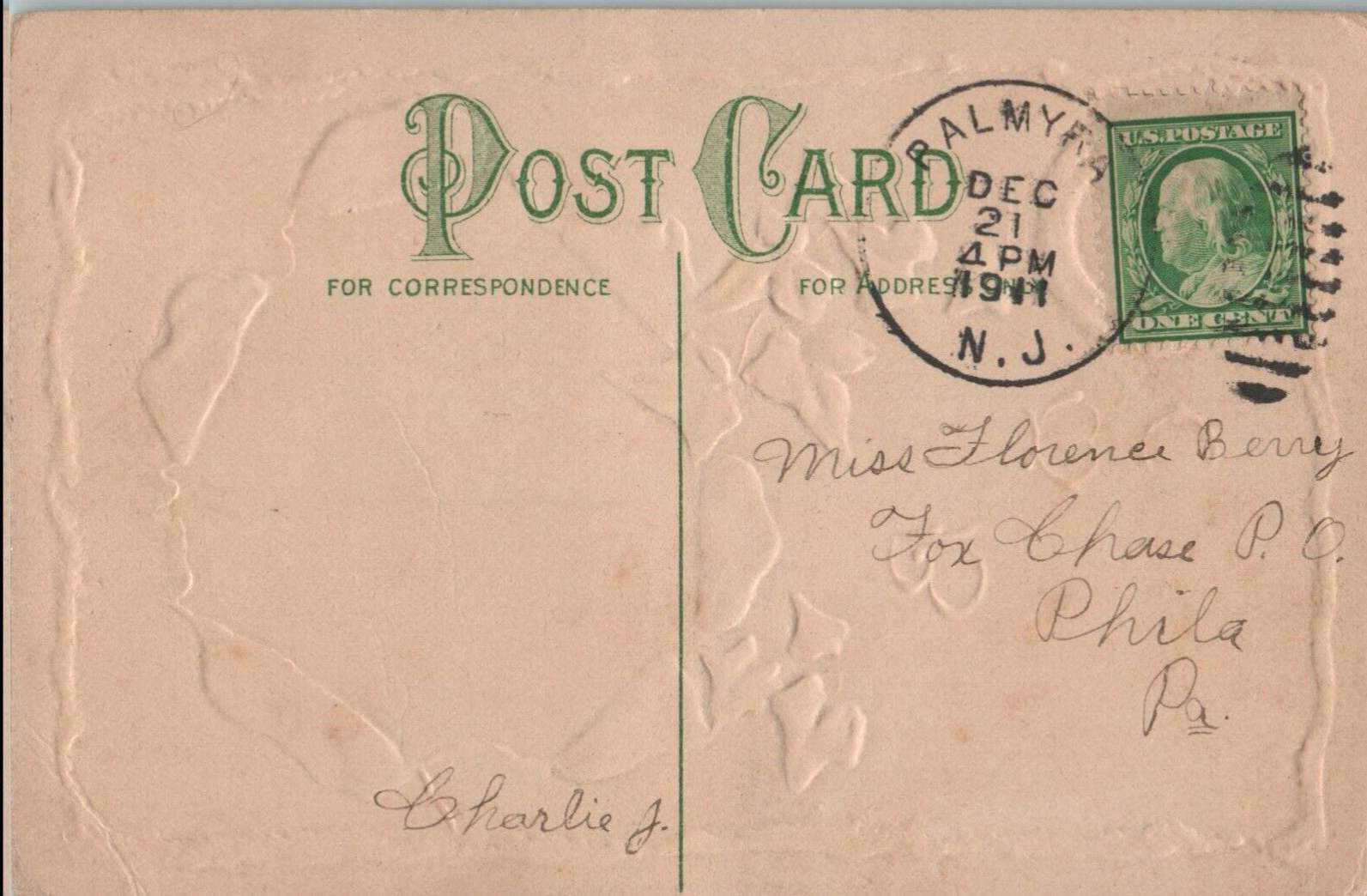 Vintage Victorian Postcard 1911 Best Wishes for Christmas Parchment