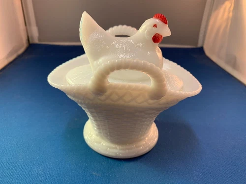 VINTAGE WESTMORELAND CHICKEN ON 2 HANDLED BASKET -- MILK GLASS WITH RED FEATURES