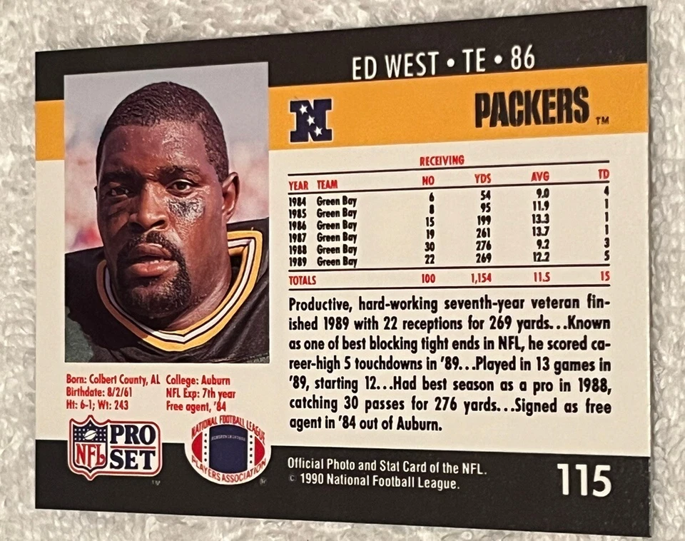 1990 Pro Set Ed West #115 Green Bay Packers TE - Image 2 of 2