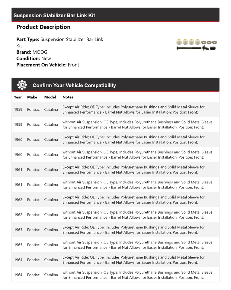 For 1959-1964 Pontiac Catalina Suspension Stabilizer Bar Link Kit Front MOOG - Image 2 of 4