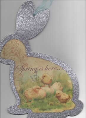 SPRING IS HERE Rabbit Shape w/ Chicks Glittery Easter Sign new good shape