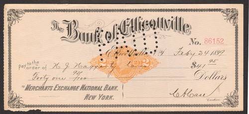 February 1899 Bank of Ellicottville NY Revenue Stamped Paper 2c Check - Picture 2 of 3