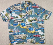 Paradise Found VTG Men's 2XL Hawaiian Rayon Shirt USA Sports Car Travel Tourism
