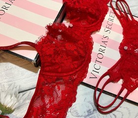 Victoria's Secret Shine Strap Dream Angels Lace Bra Brazilian Set Shimmer Red