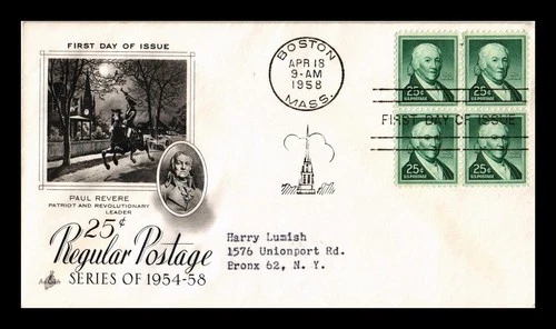 DR JIM STAMPS US COVER PAUL REVERE 25C FIRST DAY ISSUE BLOCK ARTCRAFT