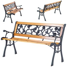 KADAX Gartenbank aus Holz und Gusseisen mit Rückenlehnenrosen, 127 x 73 cm