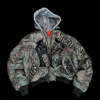 #ad #ad Mowalola Graffiti Bomber Jacket With Hood SIZE M Green $485.00