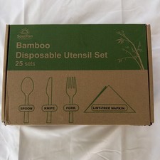 Bamboo Disposable Utensil Set 25, Eco Friendly Fork Spoon Knife Napkin Set.