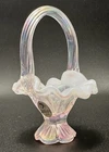 Fenton Milky Pink Art Glass Iridescent Mini Basket Ruffled Rim