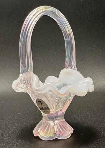 Fenton Milky Pink Art Glass Iridescent Mini Basket Ruffled Rim