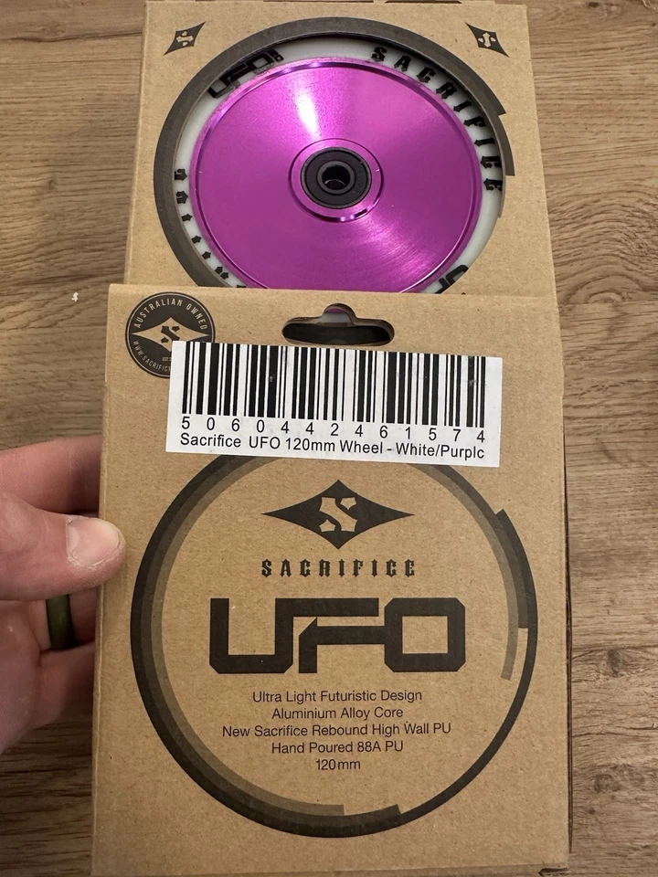 Sacrifice UFO 120mm Two Pack! Wheels for Pro Scooter - NEW Purple And White A2 - Image 2 of 4