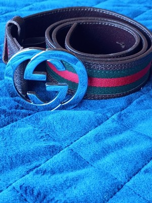 Authentic Gucci Interlocking G Web Belt Brown Leather Silver Buckle Size 85/34