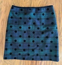 Talbots Navy Green Plaid A-Line Skirt Sz 2 Petite 53 Wool Lined Black Dots