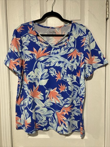 Coral Bay Blue Short Sleeve Floral Palm Tropical Beach Vacation Top - Women’s XL
