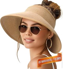 NPQQUAN Sun Visor Hats for Women Wide Brim Ponytail Straw Beach Hat | Packable F