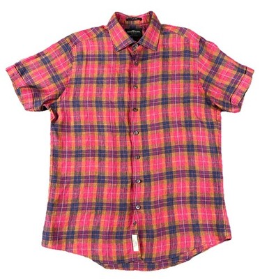 Rodd And Gunn Albini Linen Shirt Men s Size L Plaid Check Red Blue Short Sleeve