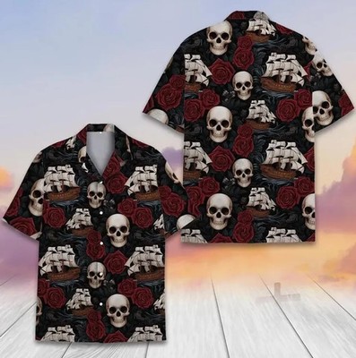 Pirate Skull Gothic Rose Ship Ocean Hawaiian Shirt