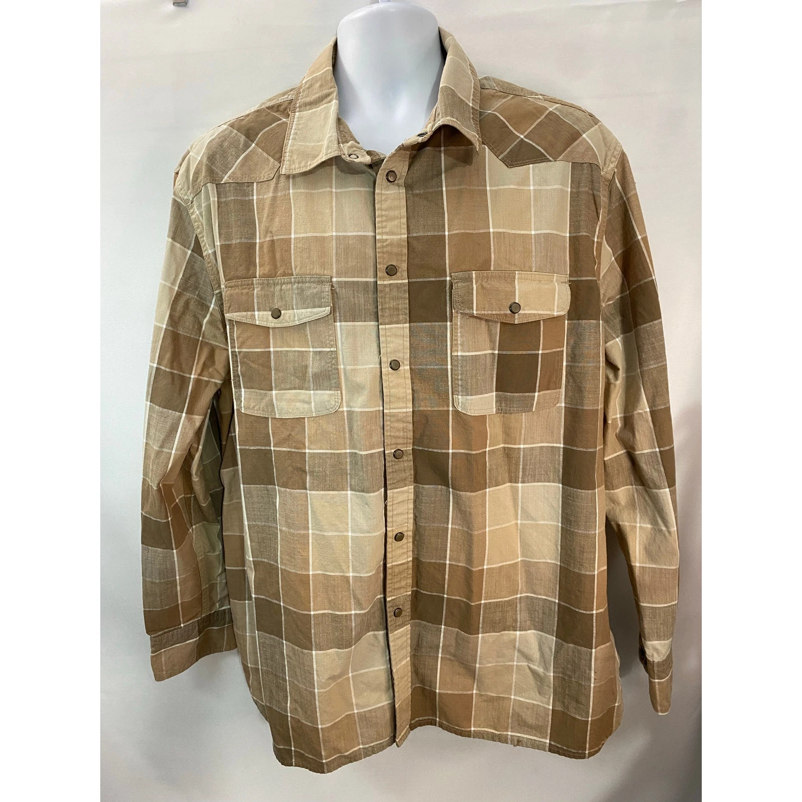 Wrangler Outdoors Button Shirt Mens 2XL Beige Plaid Long Sleeve