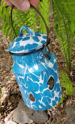 Antik Blau Wirbel Granit Ware Milch/Sahnekännchen Behälter Griff Lanch Pal - Bild 14 von 14