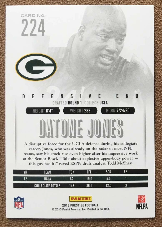 2013 Panini Prestige Rookie Extra Points Red #224 Datone Jones Green Bay Packers - Image 2 of 2