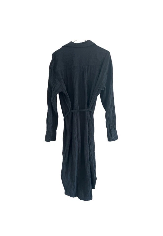 Vestido Camisa Midi H&M Negro Arrugas Abotonada Manga Larga Cinturón Talla M Foto 4 de 4