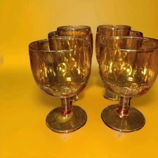 Vintage Lot Of 6 Amber Barlett Collins Thumbprint  Glass Goblets 6" 
