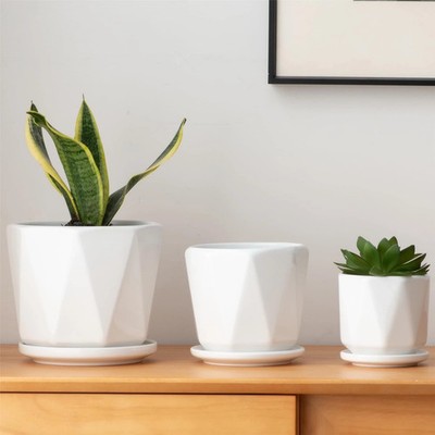 Octagon Ceramic Plant Pots - Indoor White Flower Planter Set with Drainage Ho...