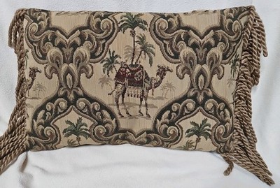 Desert Camel Throw Pillow beige and brown 16'' X 9'' Oasis Tapestry Tassles 