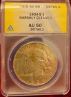 1934-S Peace Dollar ANACS AU 50 Details Harshly Cleaned Silver KM#150