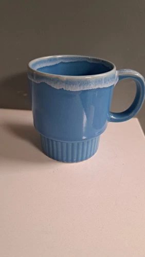 Vintage Robin Egg Blue Frosted Ceramic Coffee Mug Faux Froth Rim Stackable 