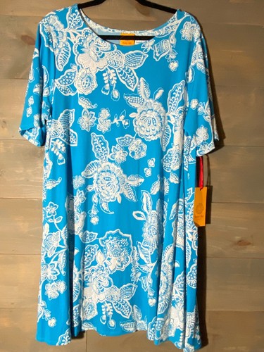Ruby Rd Damen Kleid Blau Weiß Kurzarm Gr. XL Pullover Floral Neu mit Etikett