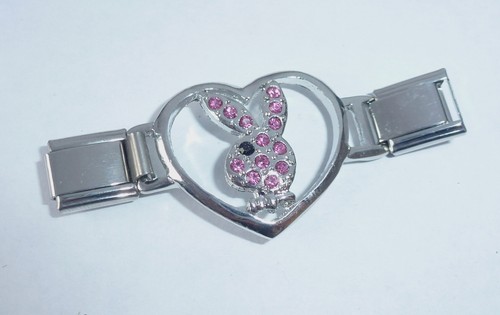 BUNNY RABBIT 9mm Italian Charm CONNECTOR LINK - Pink or Clear Gems in HEART - Picture 5 of 15