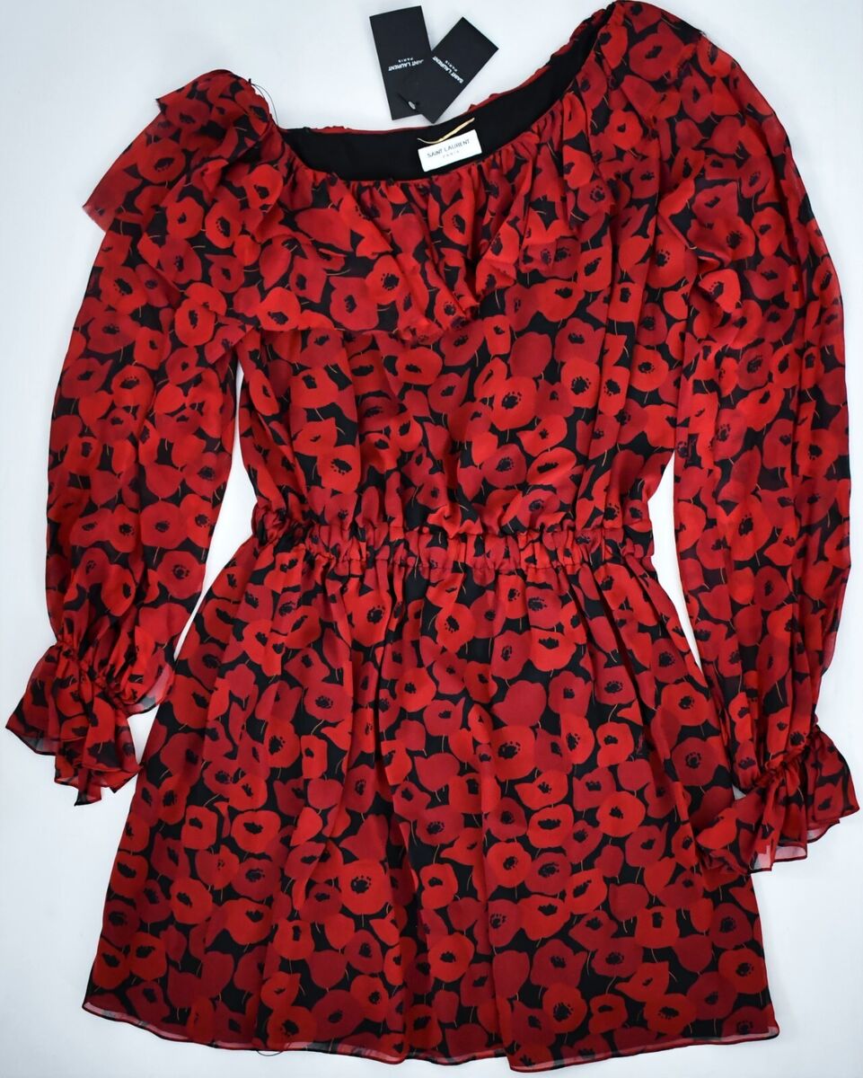 🆕️SAINT LAURENT POPPY Print Georgette Silk ONE-SHOULDER 🆕️SAINT LAURENT POPPY Print Georgette Silk ONE-SHOULDER