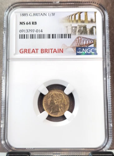 1885 GREAT BRITAIN 1/3 FARTHING QUEEN VICTORIA NGC MS 64 RB BEAUTIFUL BU COIN