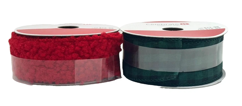 Рождественский комплект проводной ленты — уютный красный шениль и зеленый клетчатый — 1,5 дюйма x 9 футов каждый - Изображение 4 из 4